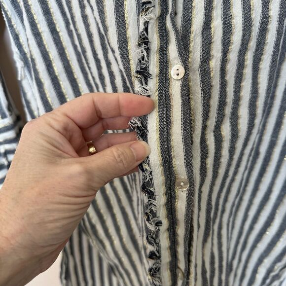 Zara Top Women’s XS Tunic White Blue Gold Stripe Button Down Long Sleeve - Picture 6 of 11